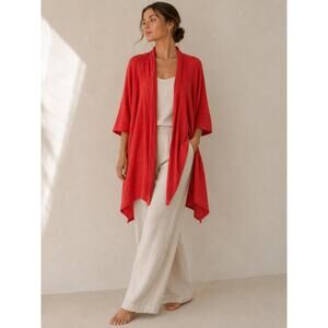 Eileen Fisher Red Linen Blend Open Front Cardigan Lightweight Coastal Grannycore